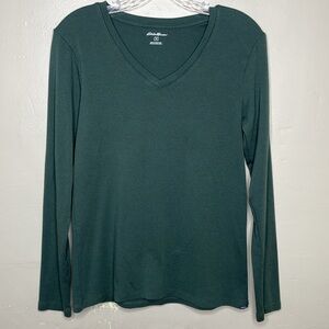 EDDIE BAUER Long Sleeve Tee Shirt Green V Neck Popover Stretchy Comfy Casual Med